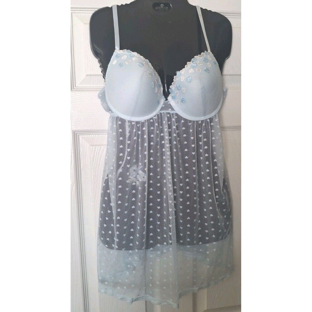 Jessica Simpson Babydoll Chemise Lingerie Medium Baby Blue Mesh Heart Pattern